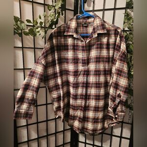 French Connection Plaid V-Neck Cotton Blend Long Sleeve‎ Shirt Size Small